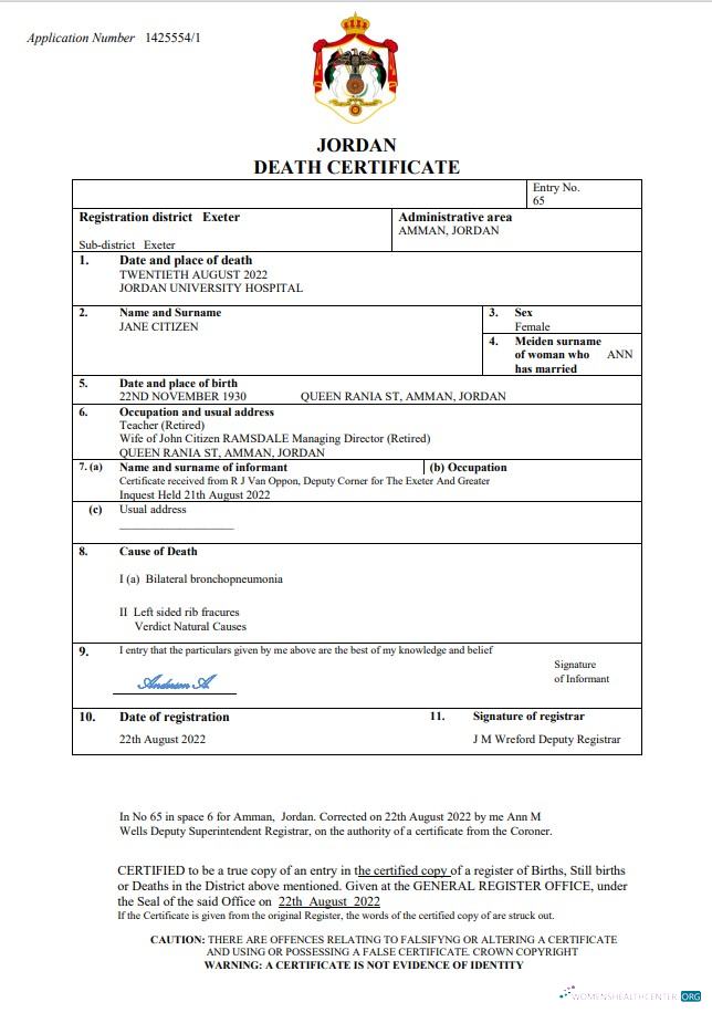 Download Jordan vital record death certificate Word and PDF template Photoshop template